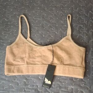 Beige Ribbed Sports Bra